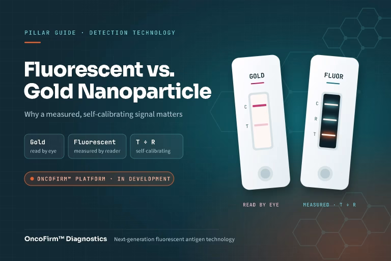 Gold nanoparticle lateral flow cassette read by eye beside an OncoFirm fluorescent cassette with glowing test, reference and control lines measured as a test-to-reference ratio.
