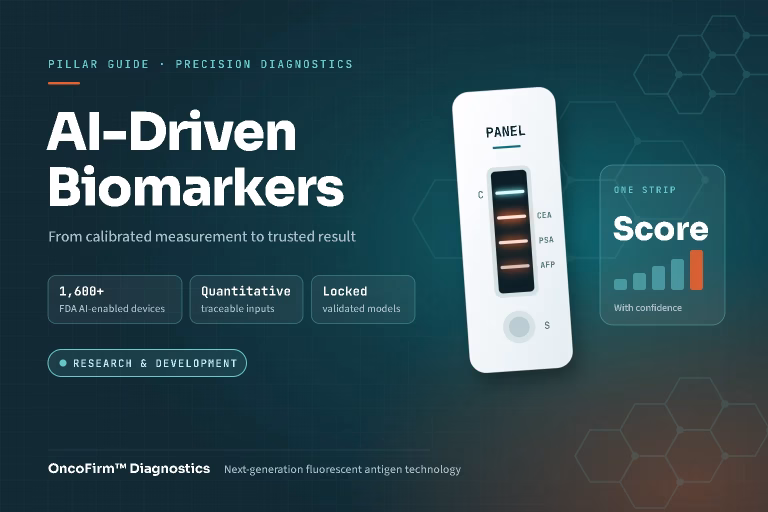 Featured graphic: AI-driven biomarkers for precision diagnostics, showing a multi-marker fluorescent test strip (CEA, PSA, AFP) feeding a score with confidence — OncoFirm™ Diagnostics